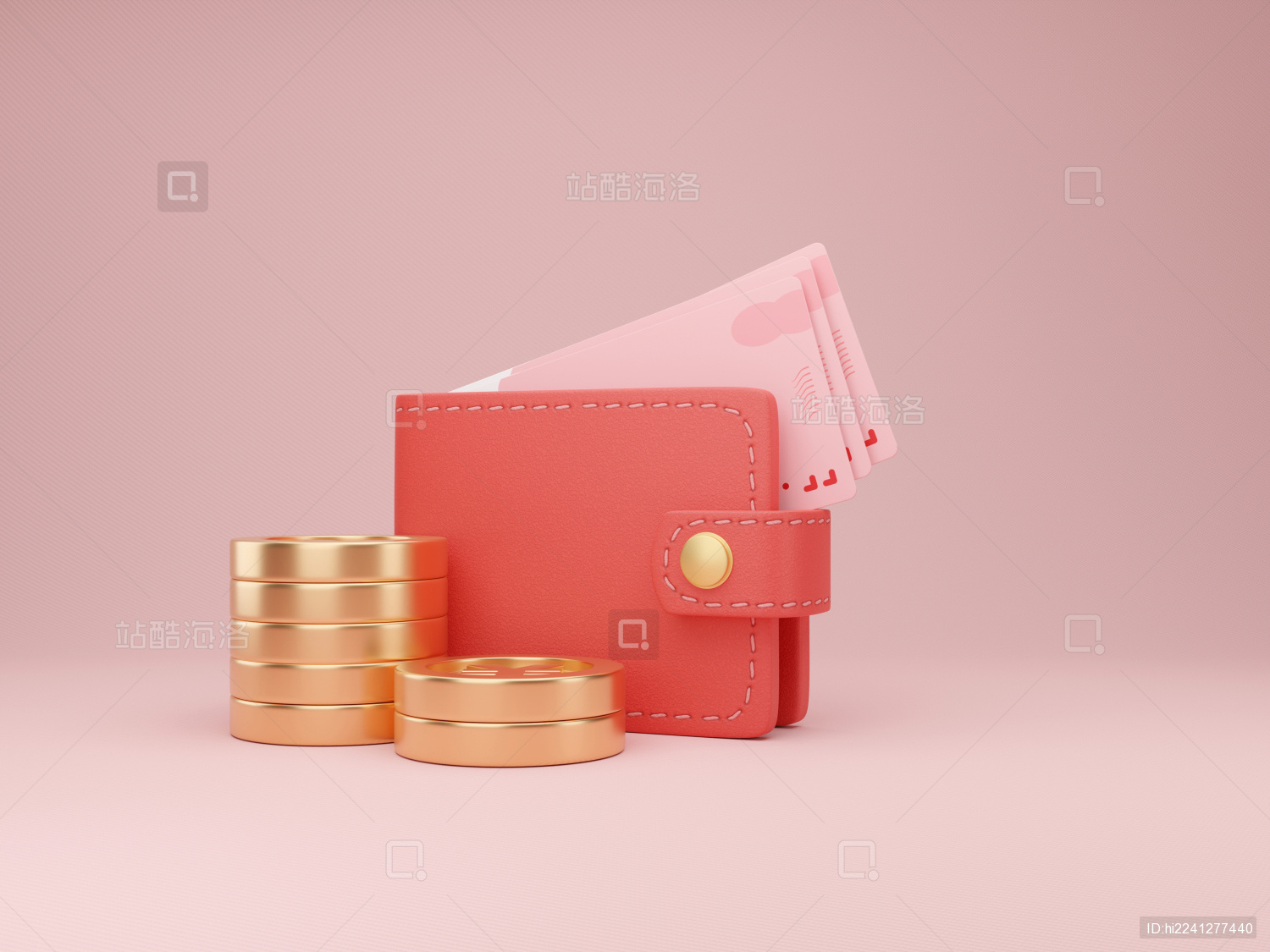 3D红色钱包放满纸币储蓄创意素材