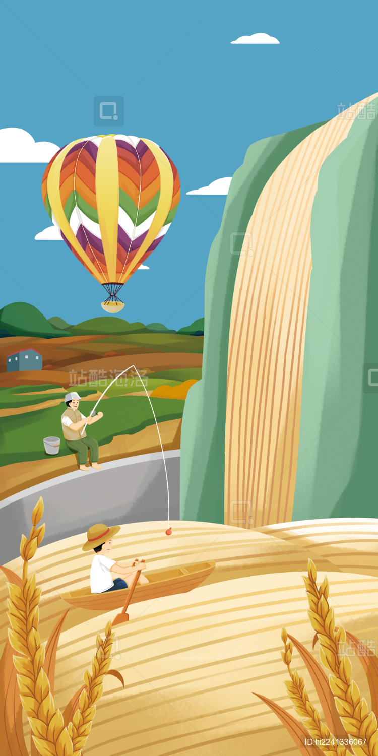 热气球面条稻谷手绘插画