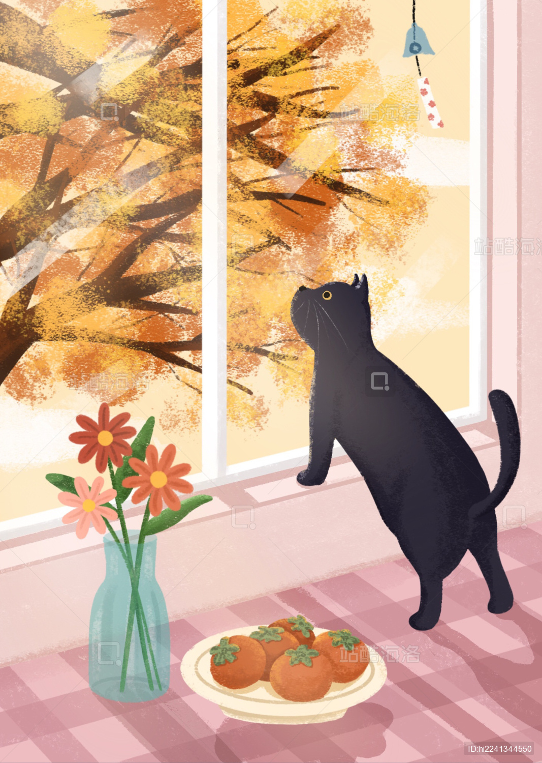 猫咪在窗台上望窗外秋天景色板绘插画