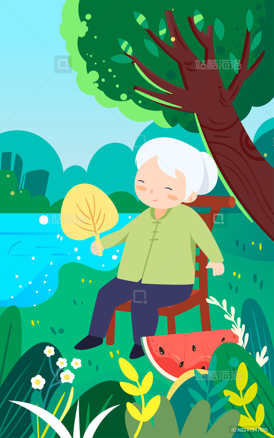 夏天老奶奶树下乘凉插画立夏节气人物插画