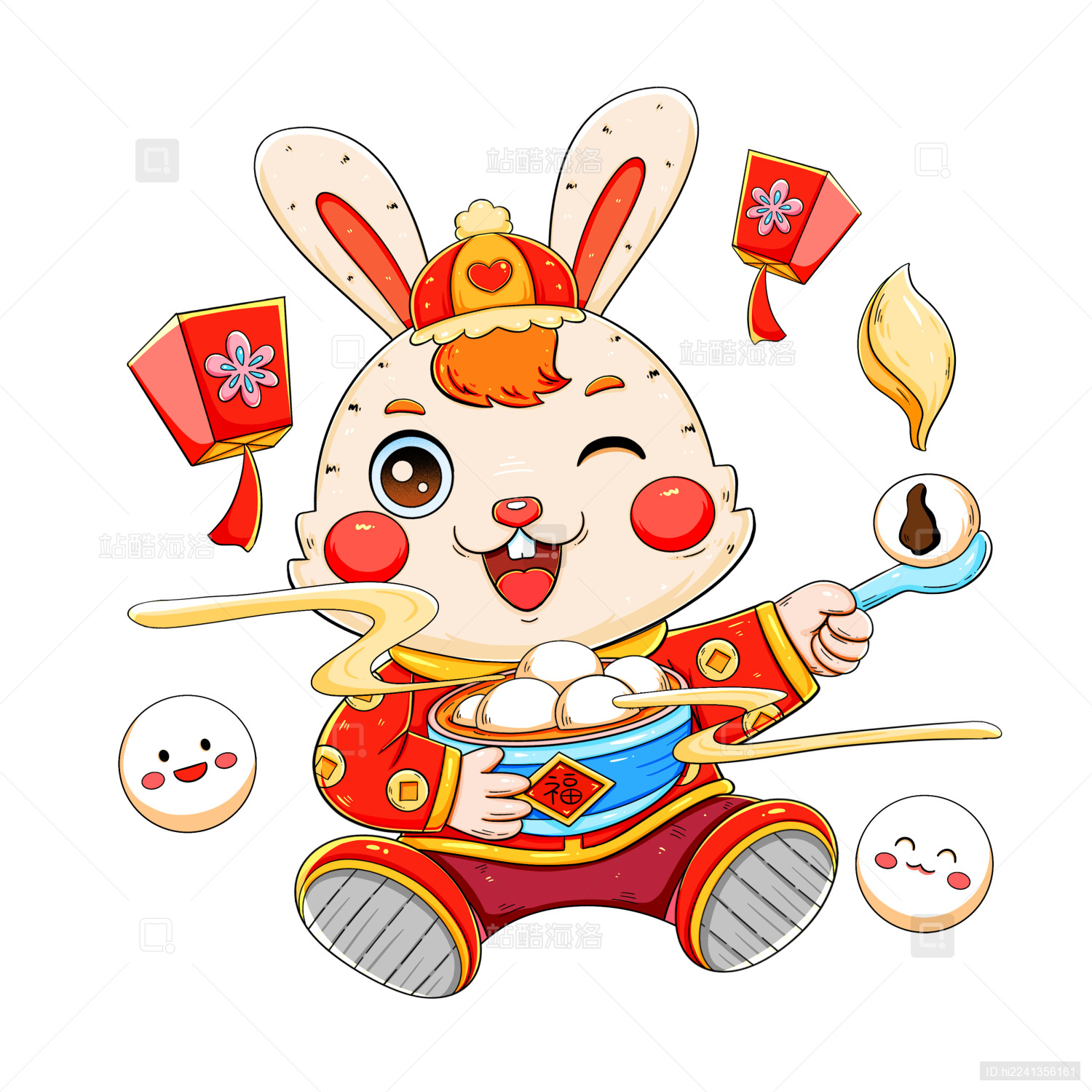 国潮兔年吃元宵的兔子元素