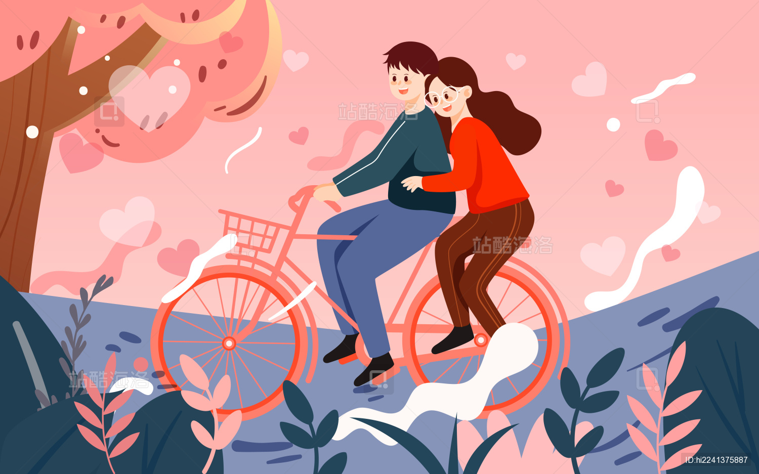 唯美浪漫情人节520告白表白日情侣自行车插画图片-千库网