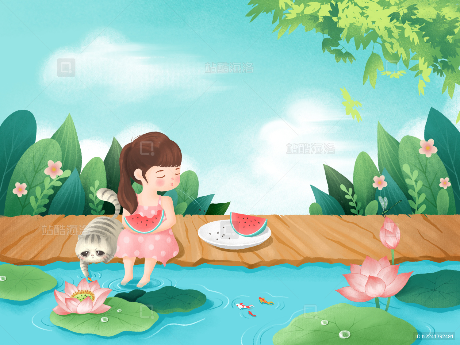 夏天在荷花池边吃西瓜的小女孩