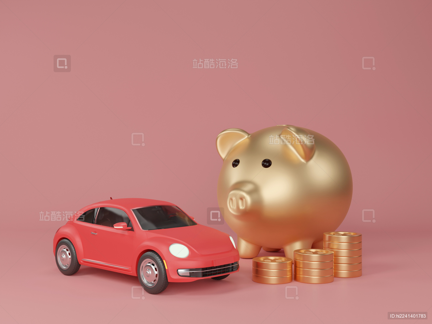 红色汽车和金色存钱罐组合素材