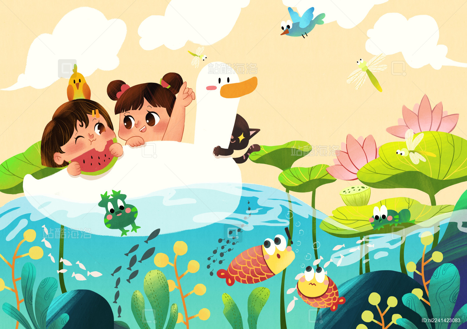 两个女孩坐在大白鸭游泳圈上嬉水