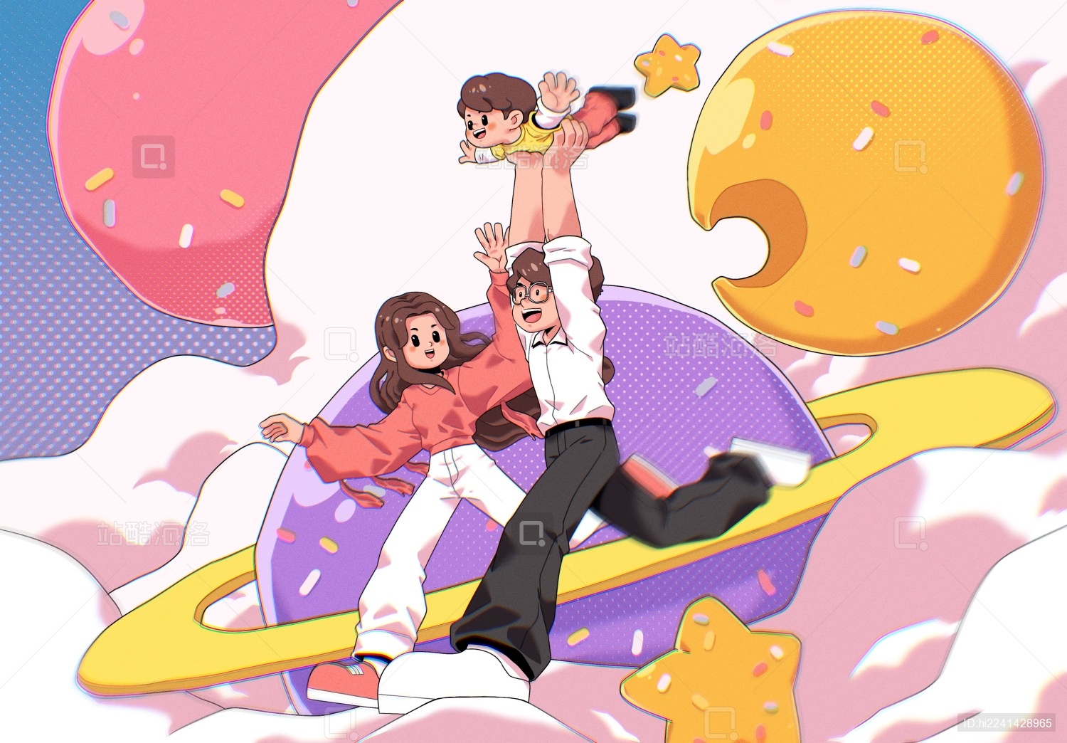 幸福快乐的一家在云中奔跑