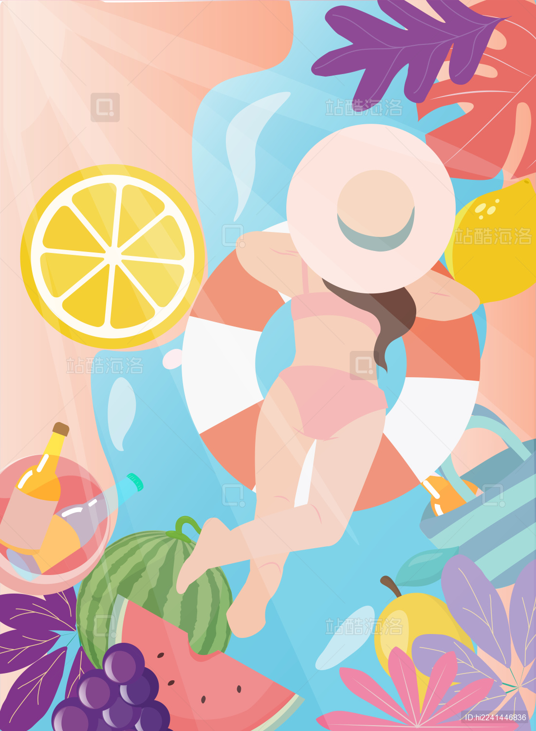 竖版夏天趴在沙滩上的女孩