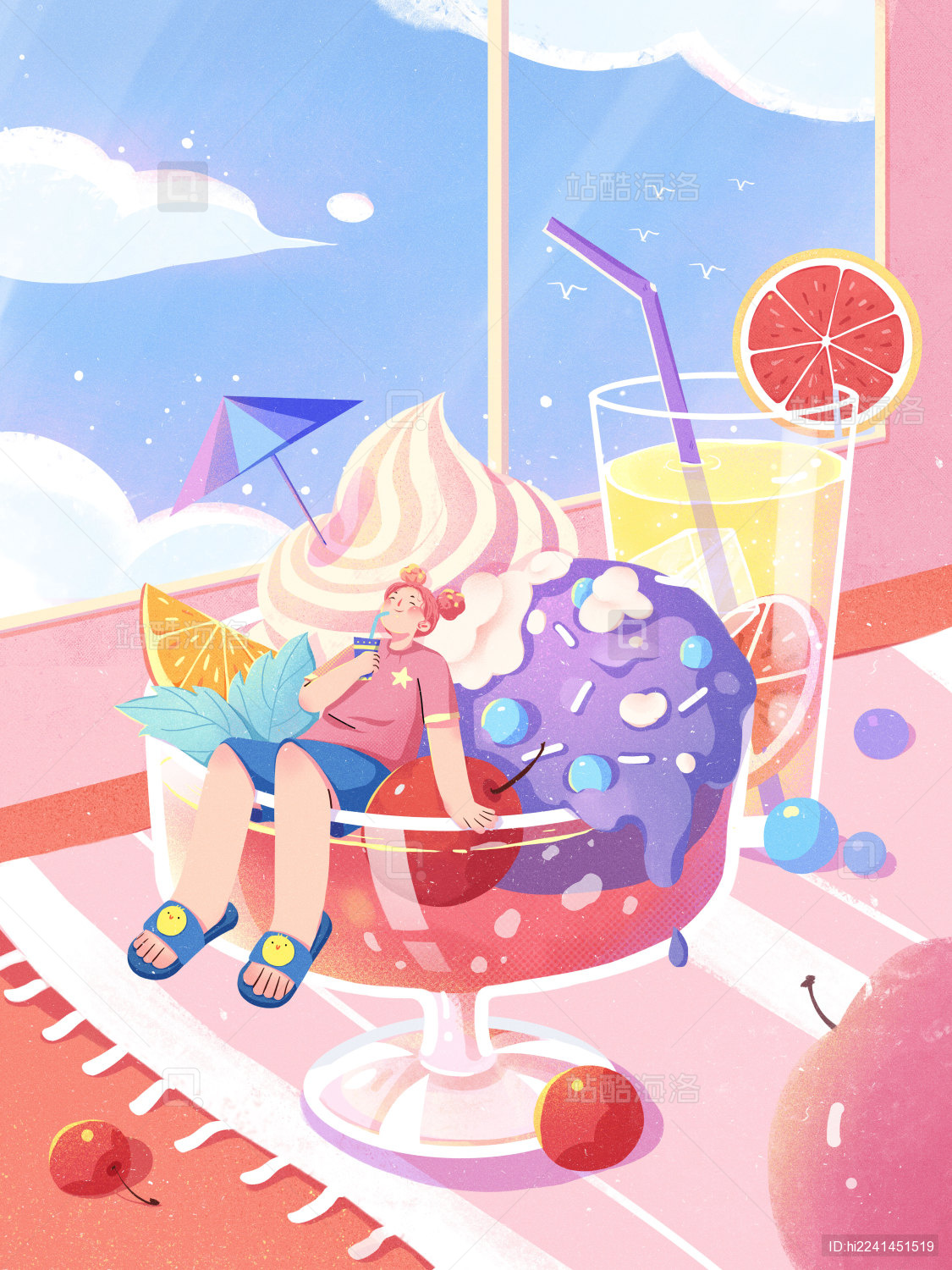 原创清爽夏日饮品女孩扁平插画