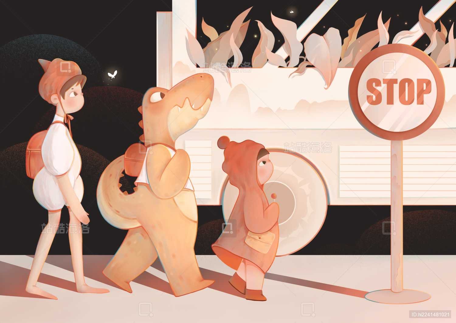 三个小朋友在站台排队上车