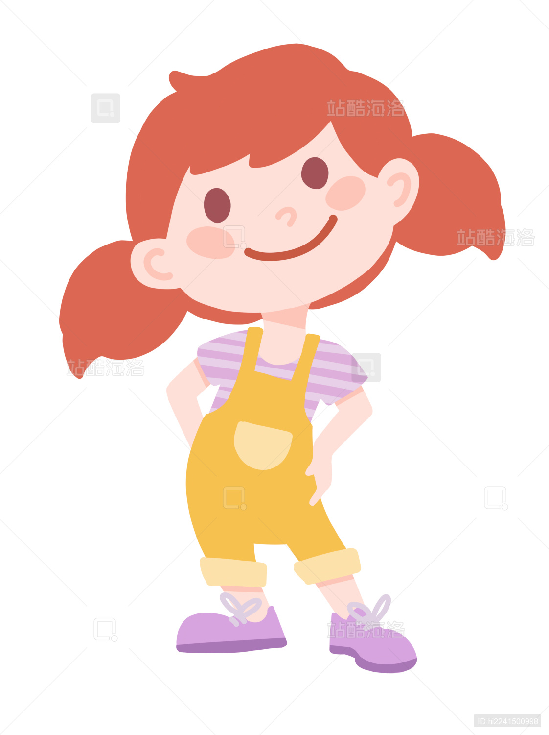 手绘q版卡通穿背带裤手叉腰自信站立的女孩