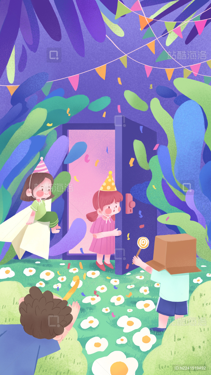 儿童节女孩开门参加儿童派对