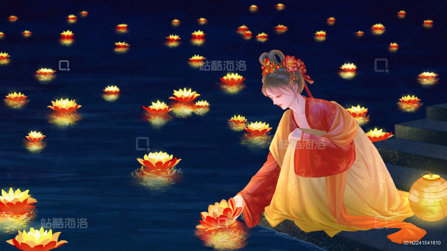 夜晚穿着汉服的少女蹲在水边放河灯祈福