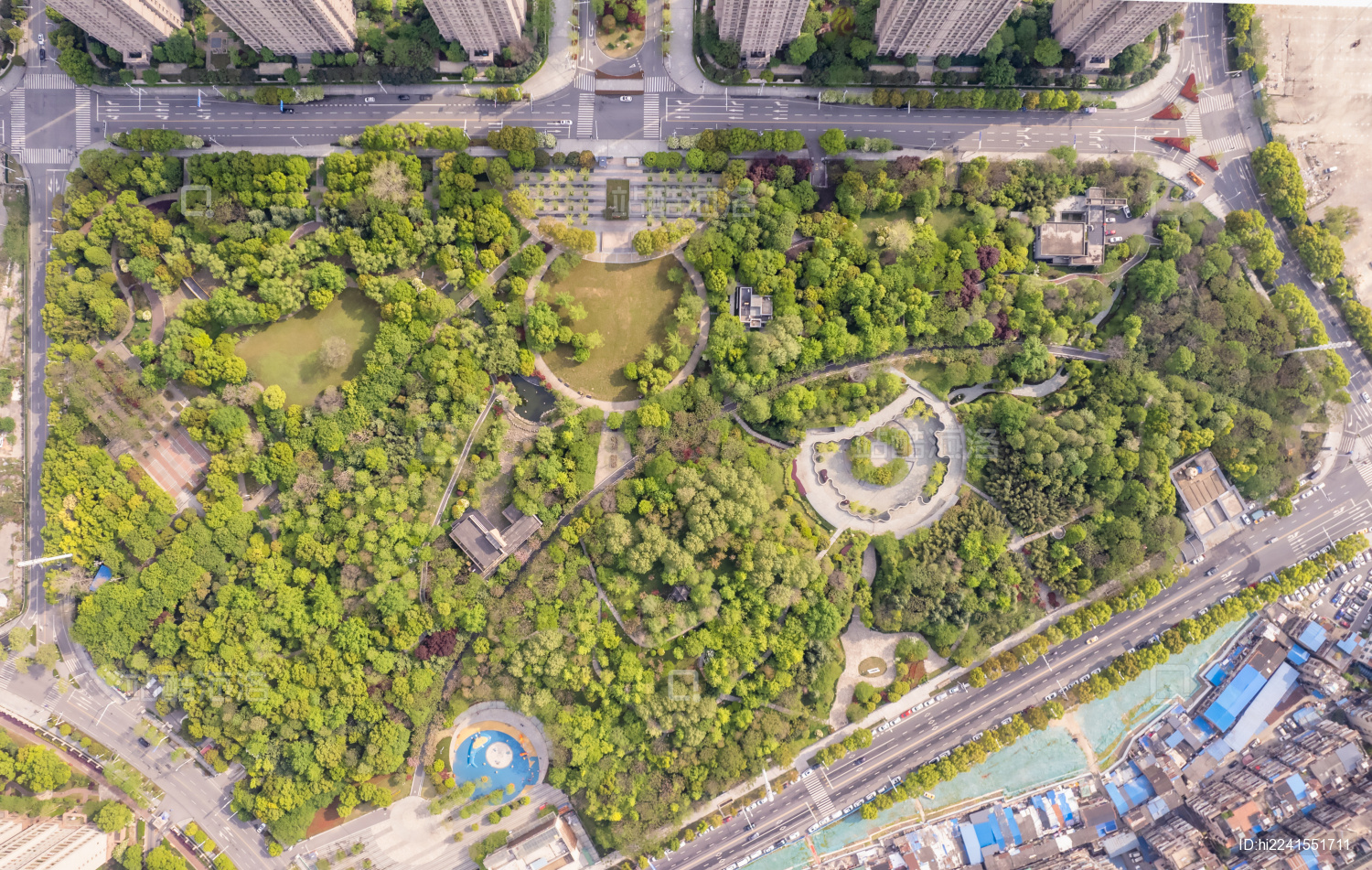 中国湖北武汉江汉区王家墩公园航拍平面