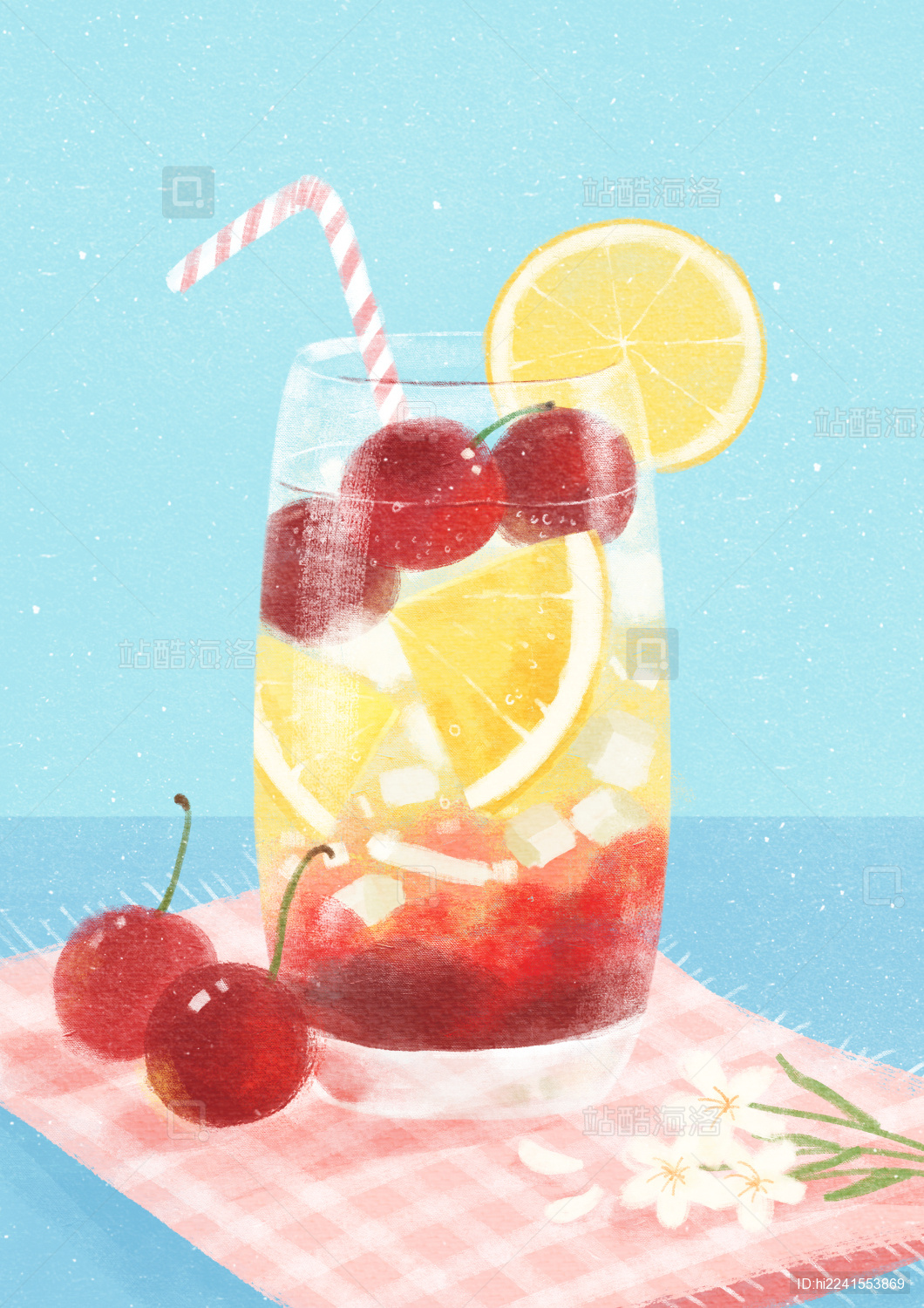 手绘樱桃果茶插画