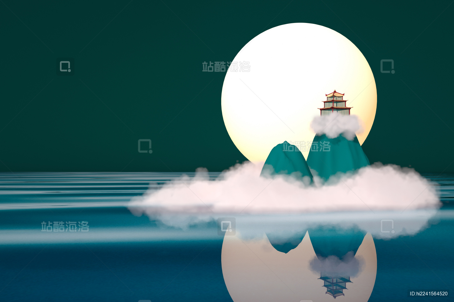 3D渲染水面上的满月和楼阁