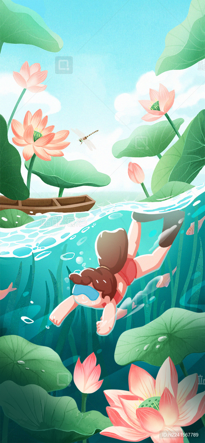 小暑大暑小女孩在荷花池塘游泳