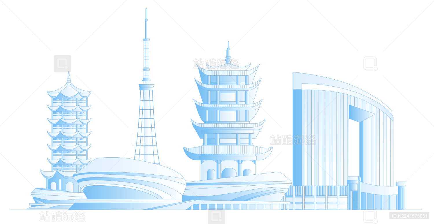 孝感城市地标建筑群矢量插画