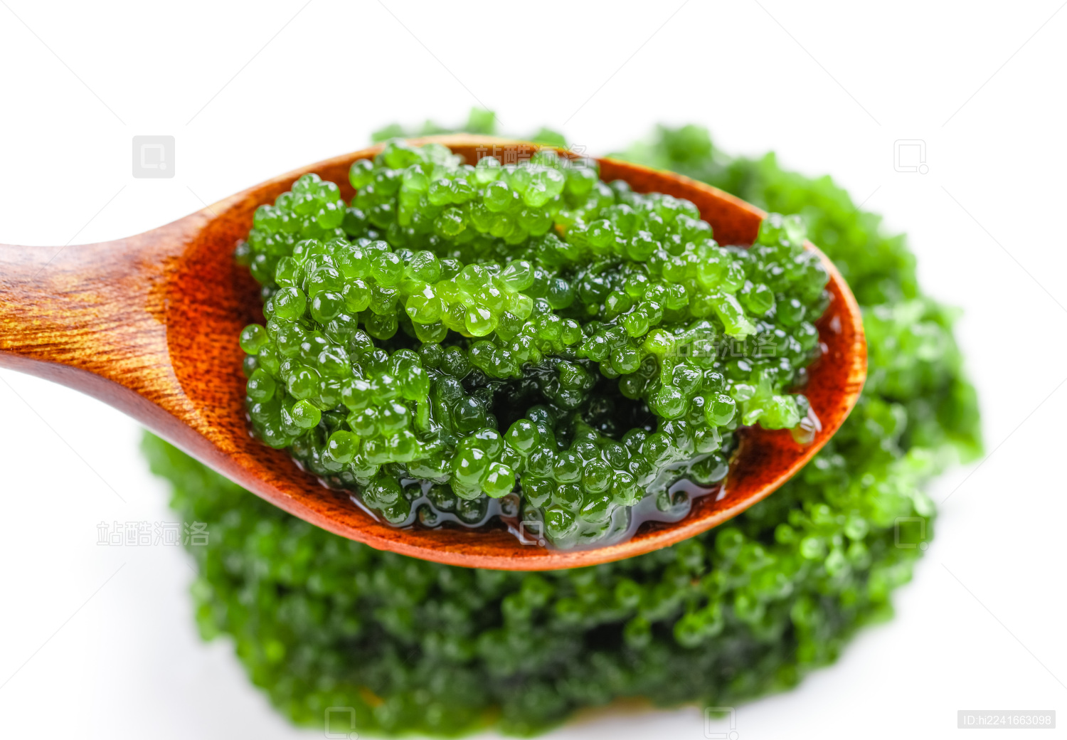 勺子上舀着盐渍海葡萄