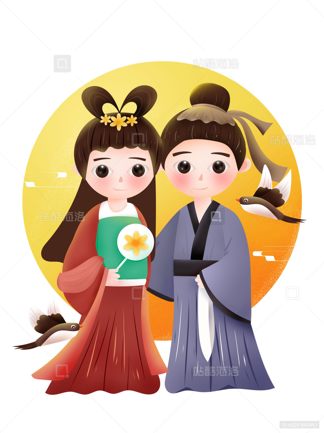 手绘简约七夕牛郎织女卡通人物形象