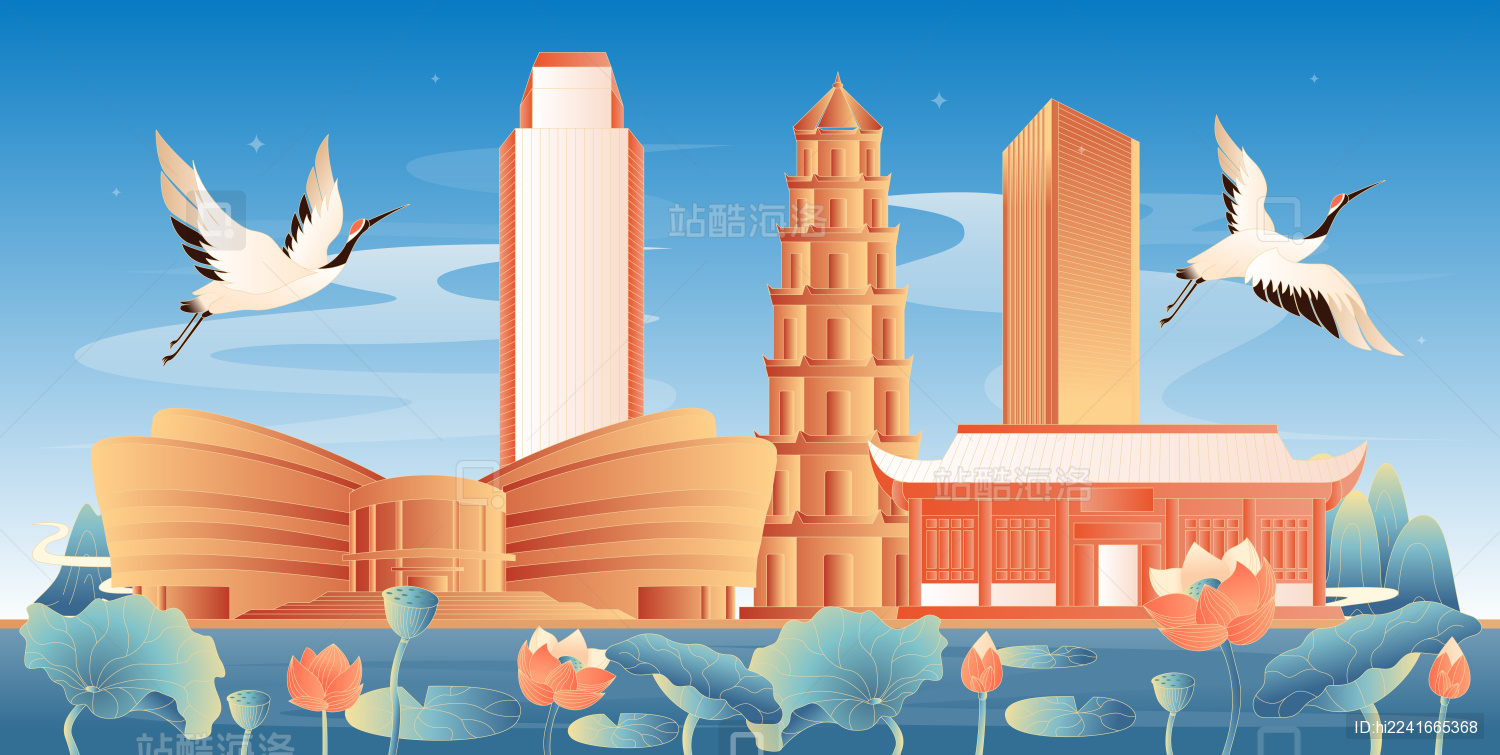 黄冈地标建筑国潮插画