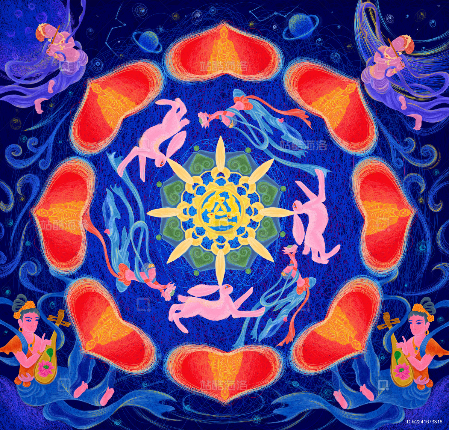 敦煌三兔共耳线圈风格藻井插画