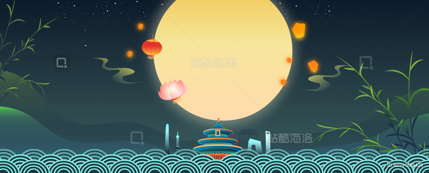 国风月亮下的建筑