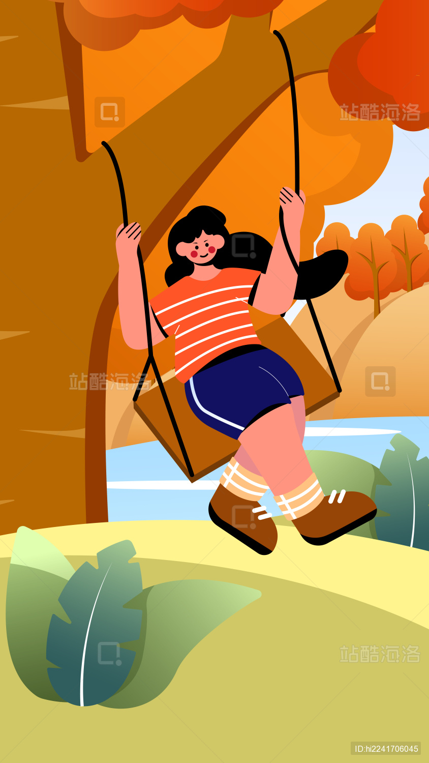 秋天在公园女孩开心的荡秋千风景扁平插画