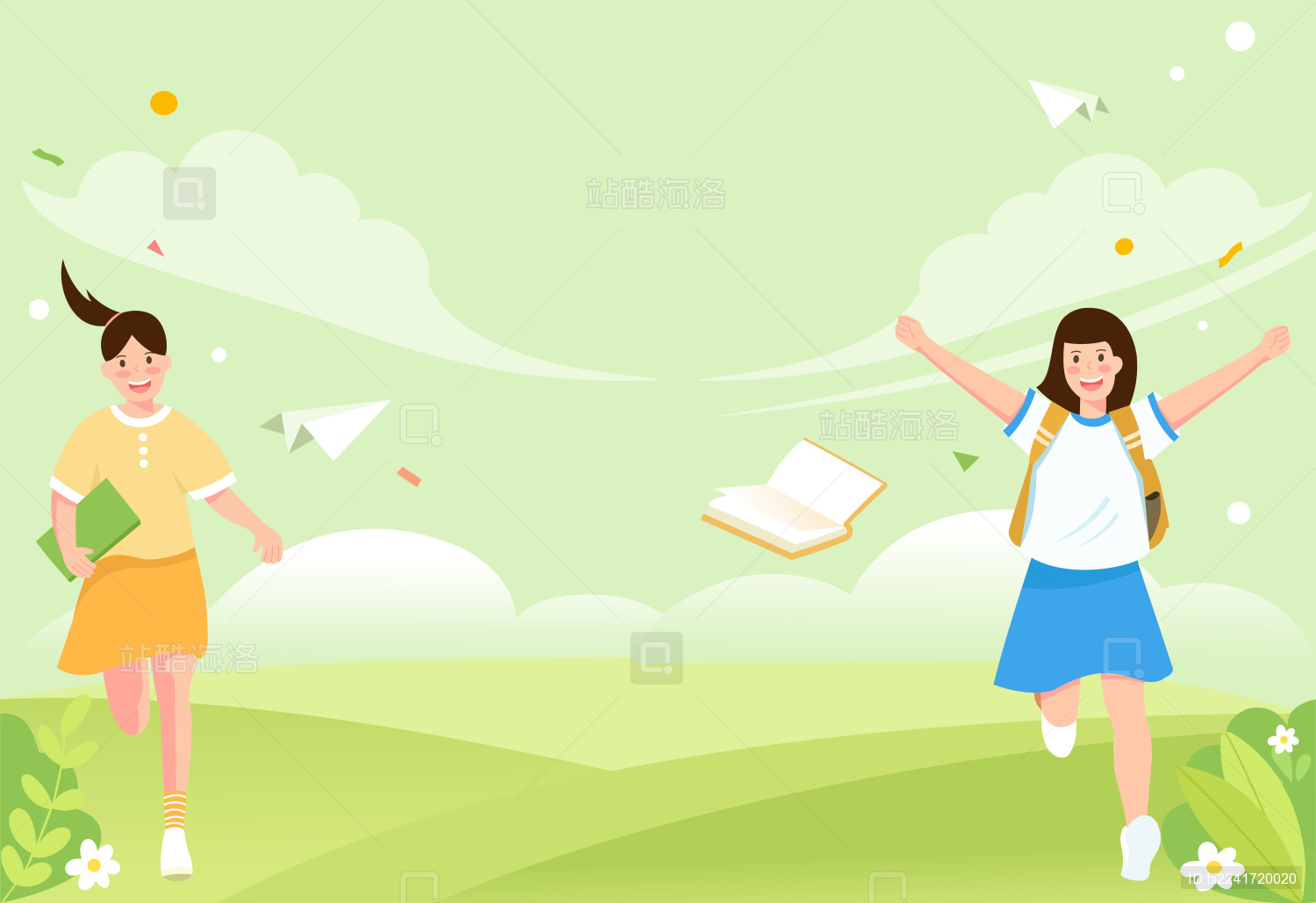 开学奔跑的学生插画