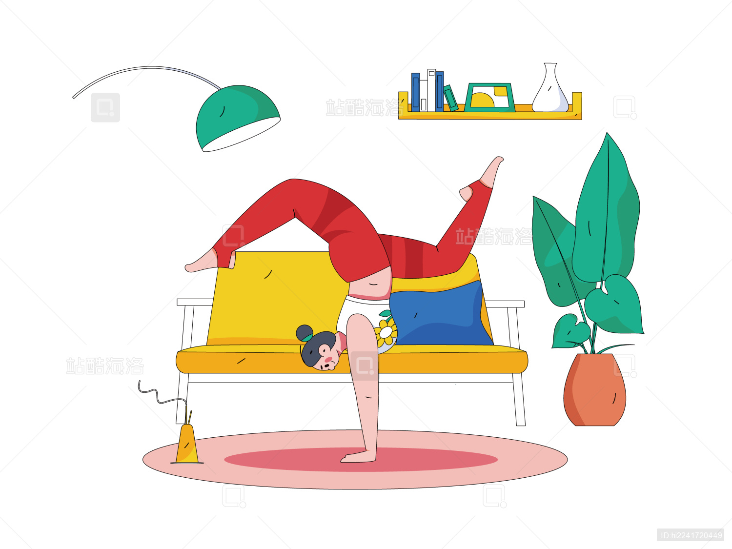 卡通健身瑜伽动作矢量插画