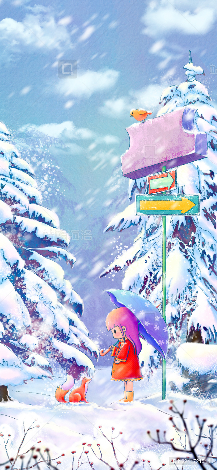 冬季森林女孩与狐狸相遇树下等车