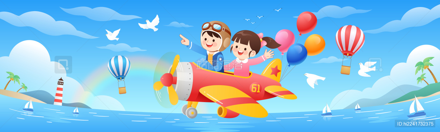 儿童驾驶飞机和蓝天大海背景