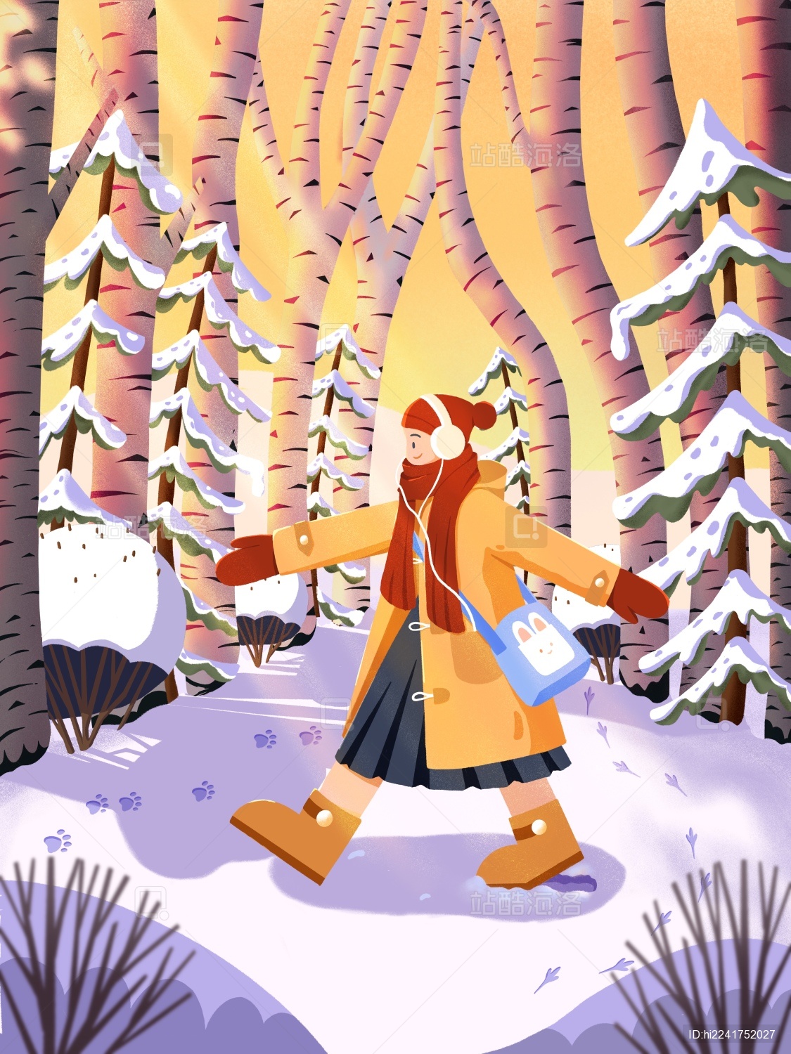 女孩在冬日的雪地里边听音乐边愉快行走