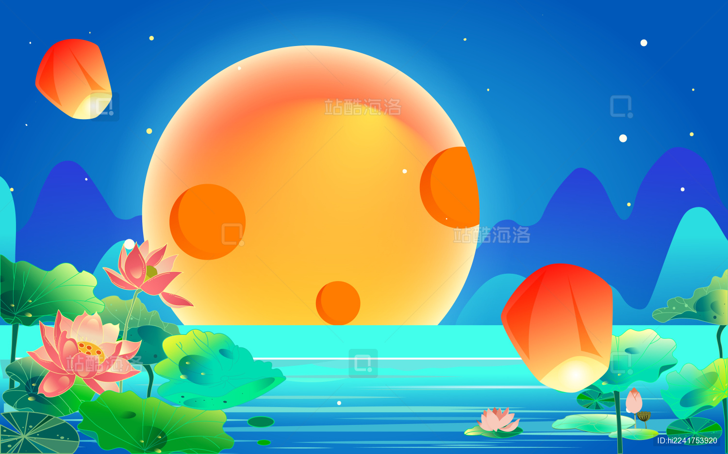 中秋节玉兔赏月吃月饼传统节日兔子望月插画