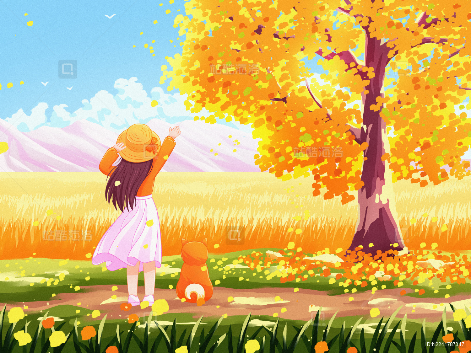 秋天女孩和宠物柴犬在树下欣赏稻田风景