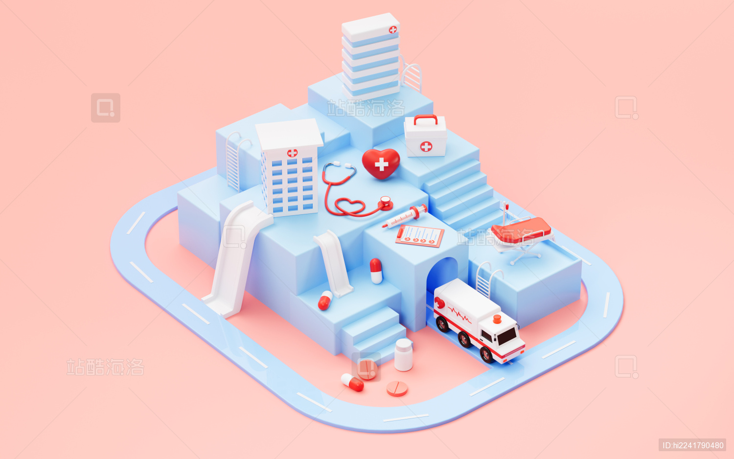 卡通医院与医疗设备模型3D渲染