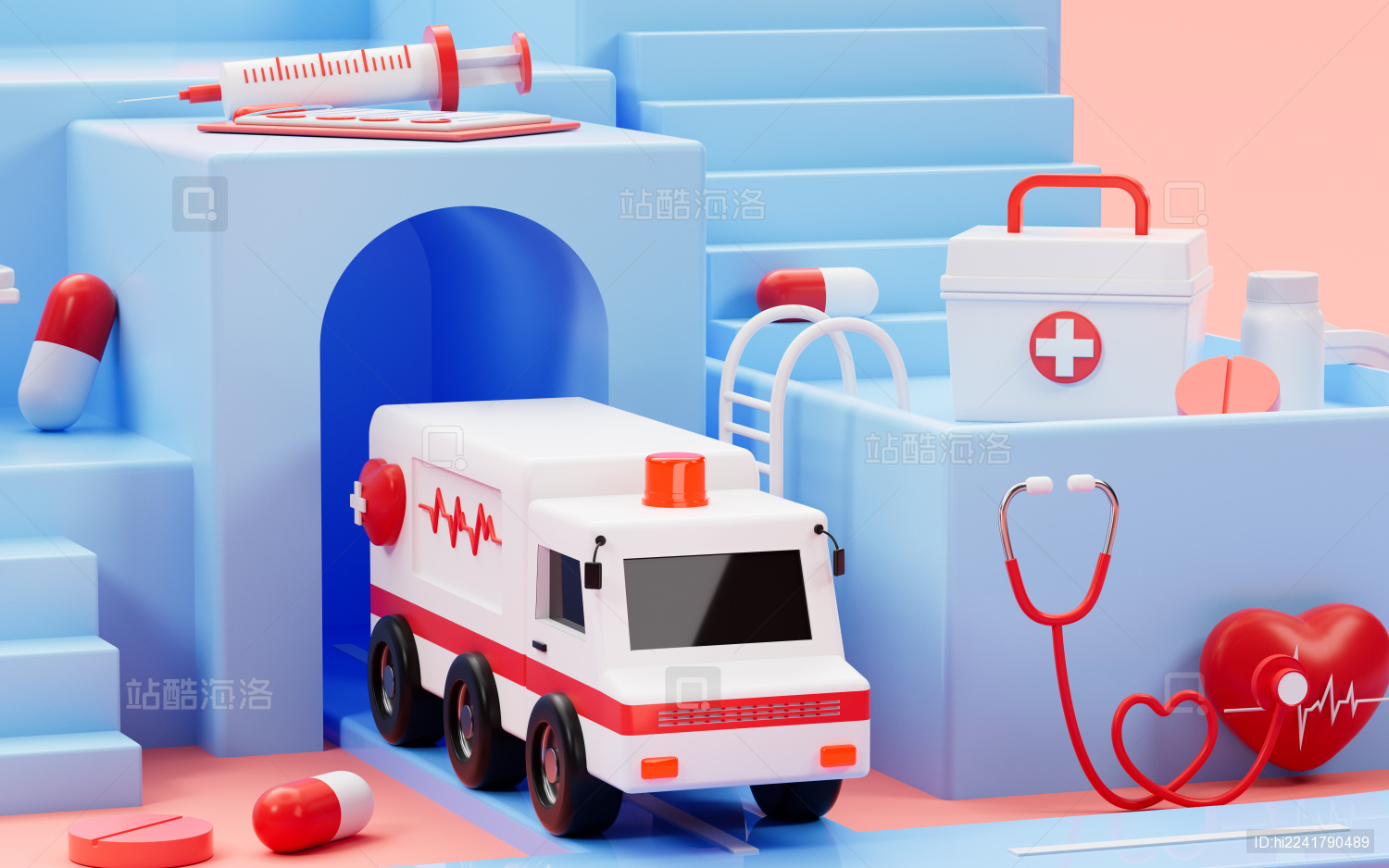 卡通医院与医疗设备模型3D渲染