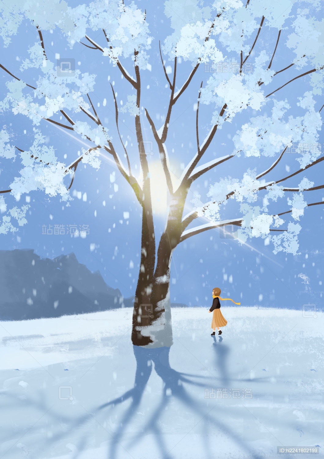 冬季大树治愈系手绘插画