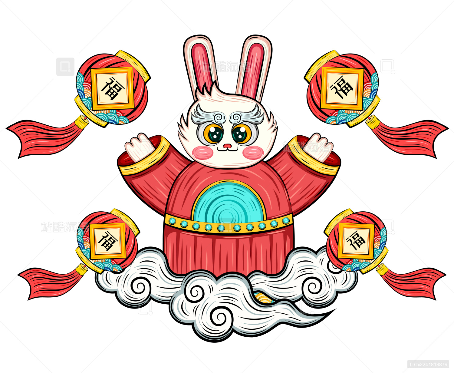 兔年国潮兔子灯笼送福春节矢量插画素材