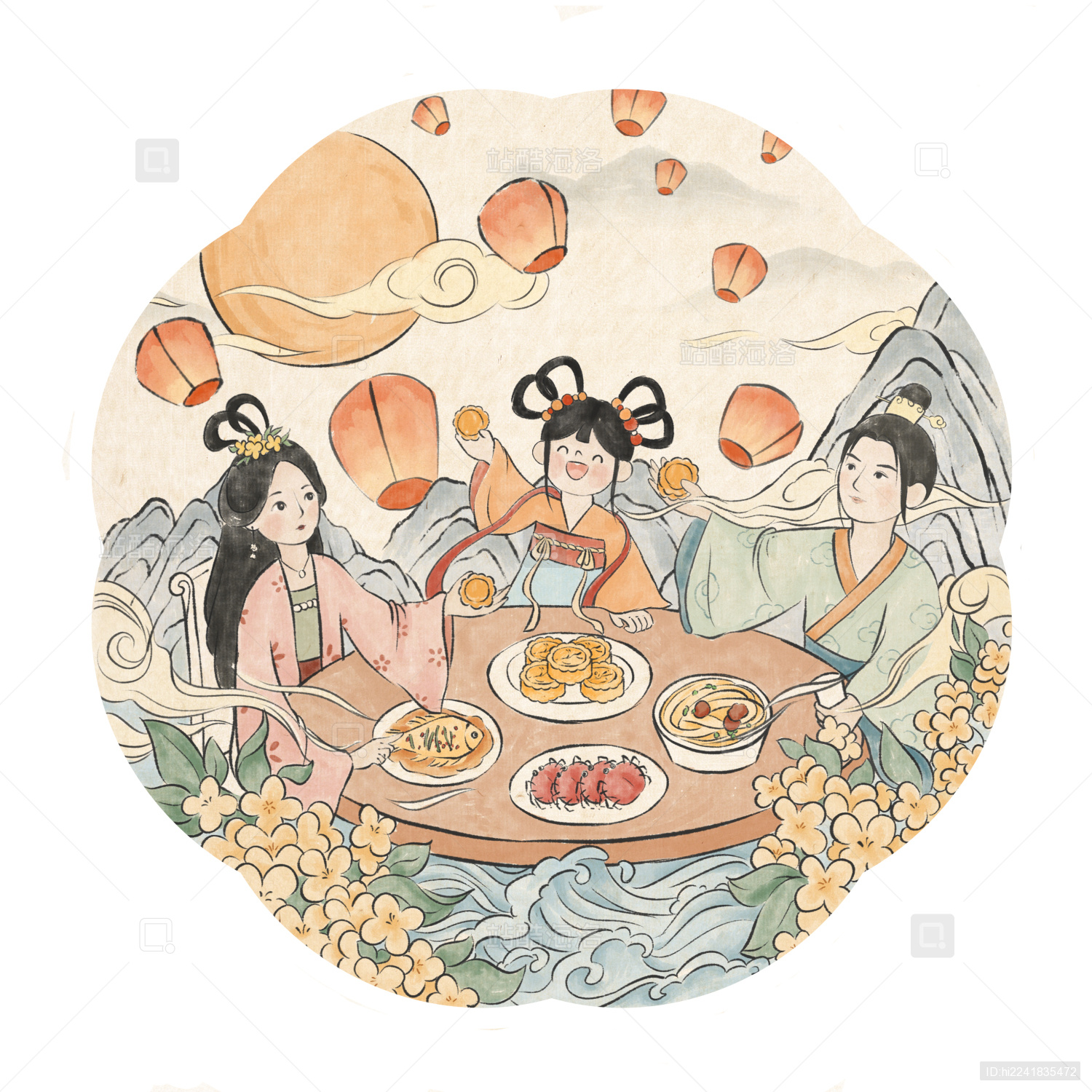中秋节月圆人团圆古风国潮风插画