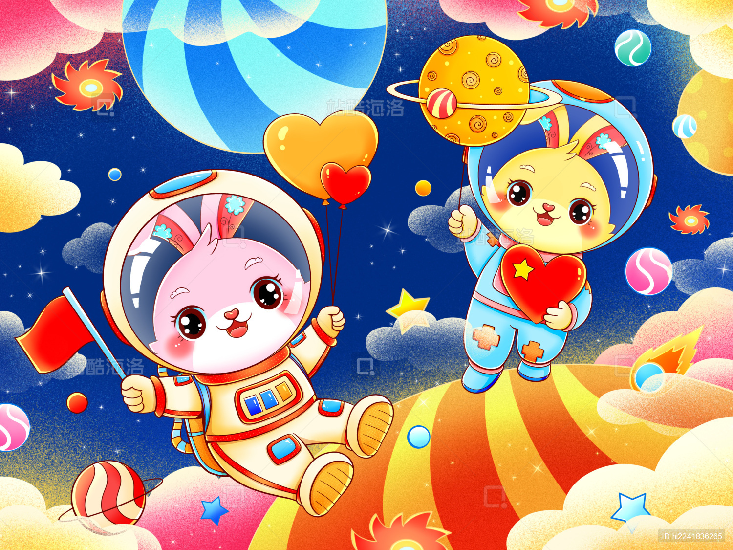 国潮兔年太空情侣宇航员兔子插画