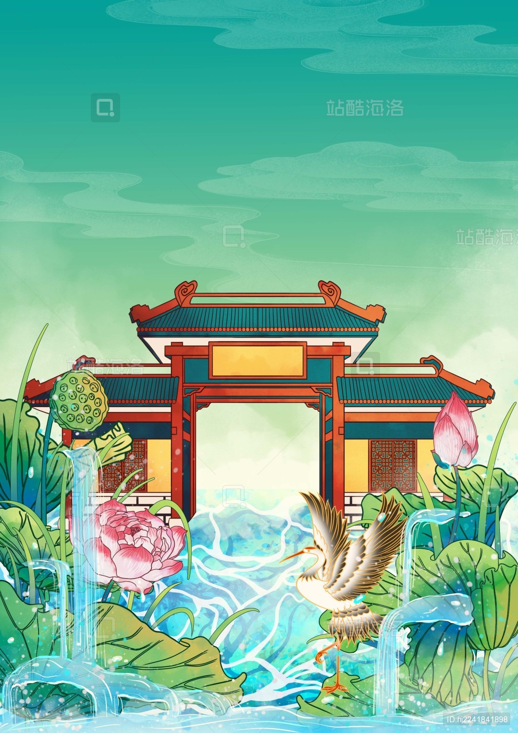 杭州地标建筑国风插画灵隐寺