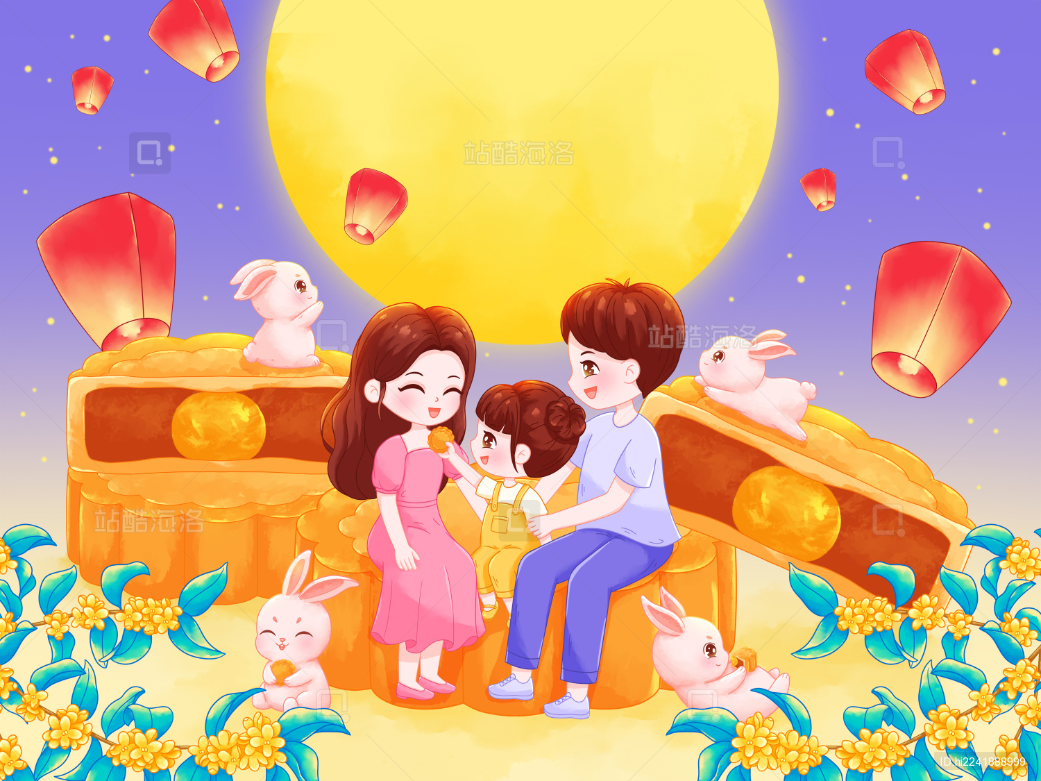 中秋节家人团聚和玉兔一起在月下吃月饼