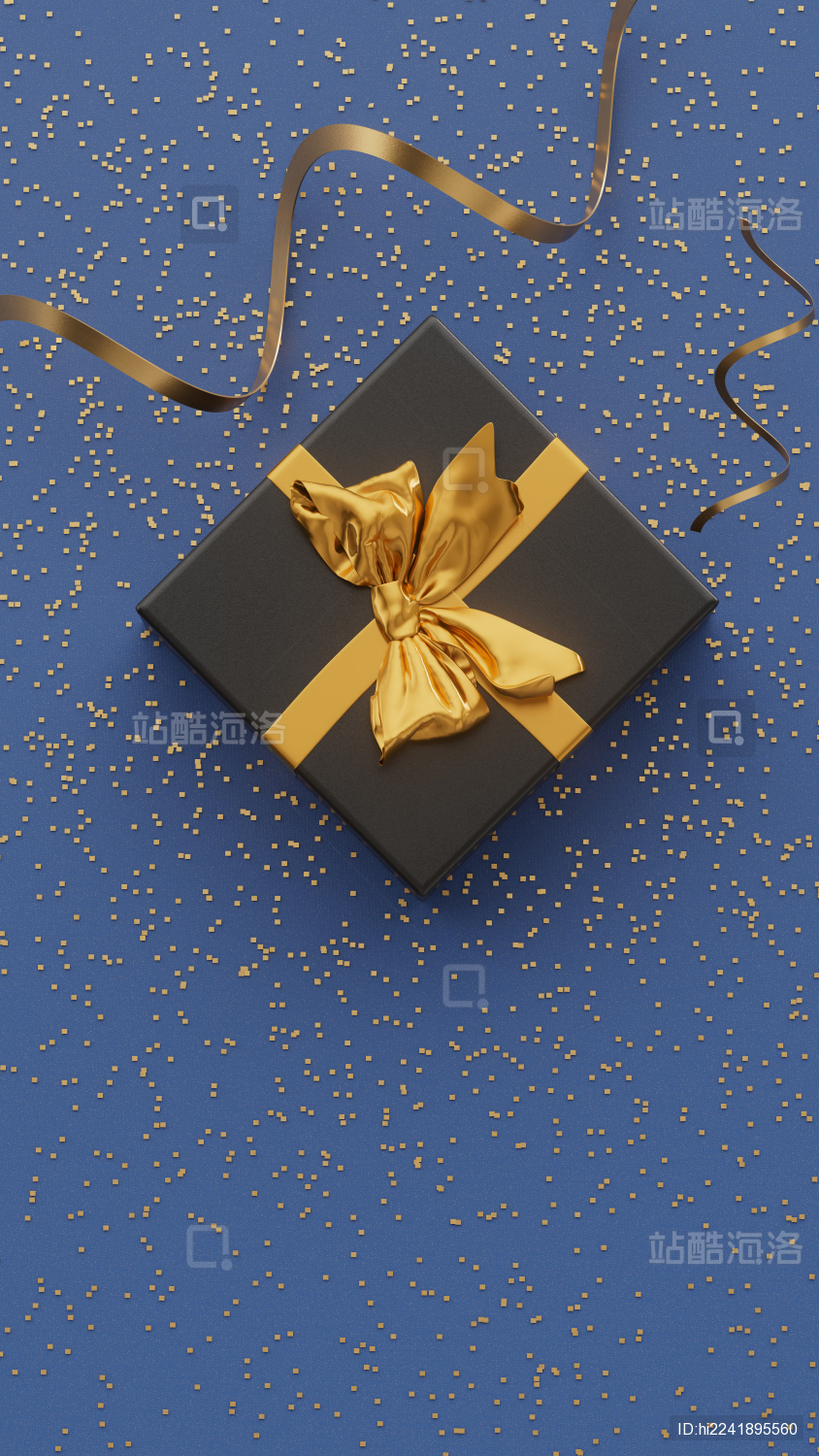 蓝色背景上的黑礼盒包装俯视