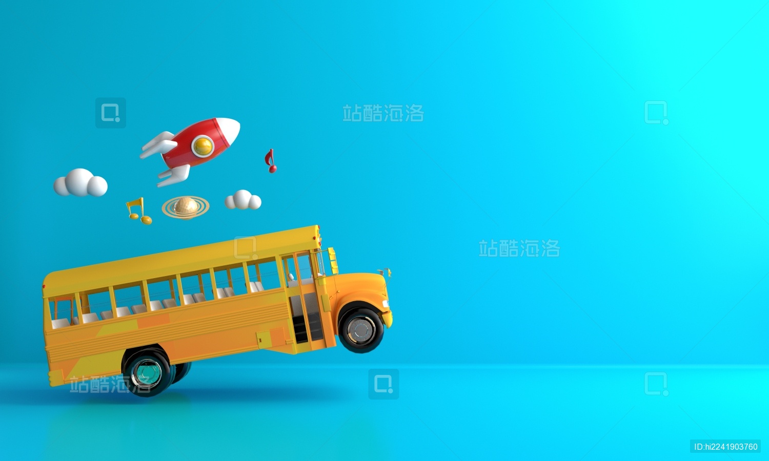  3D渲染插图橙色的校车和彩色的背景