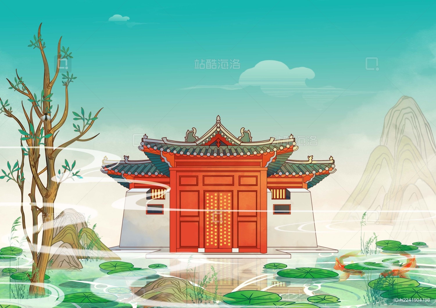 石家庄地标古建筑国风插画眦卢寺