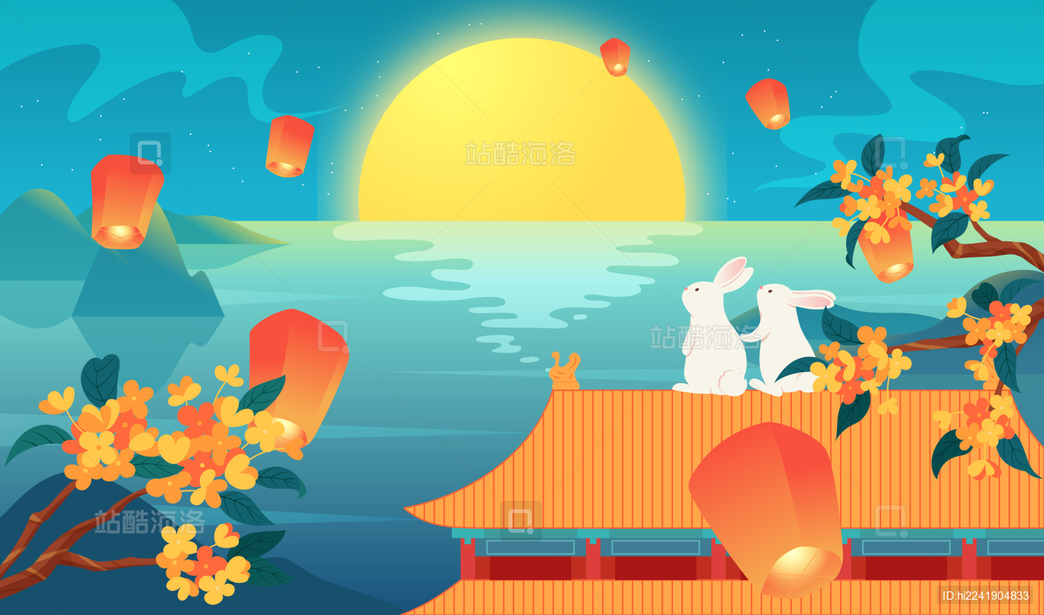 兔子在建筑屋顶上赏月看天灯矢量横幅