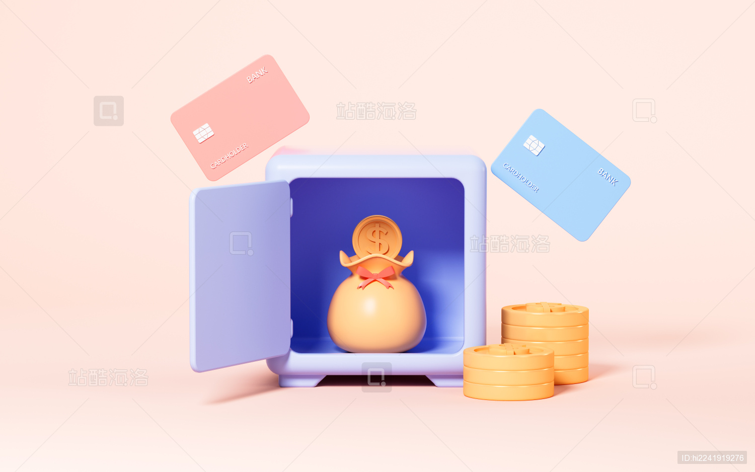 钱袋在保险箱内部3D渲染