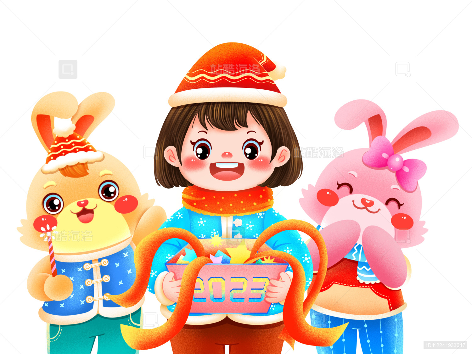 开礼盒的兔子和女孩元素