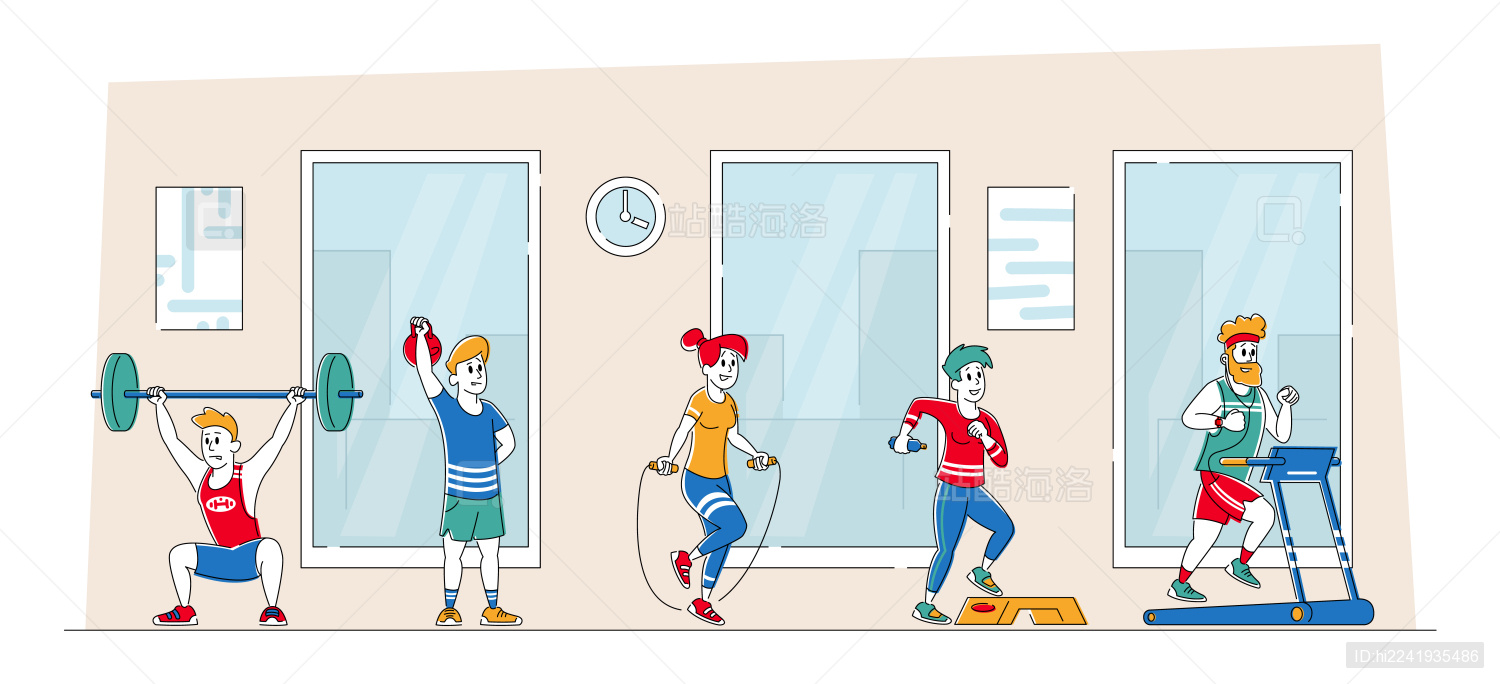 手绘风健身房里各种运动概念插图