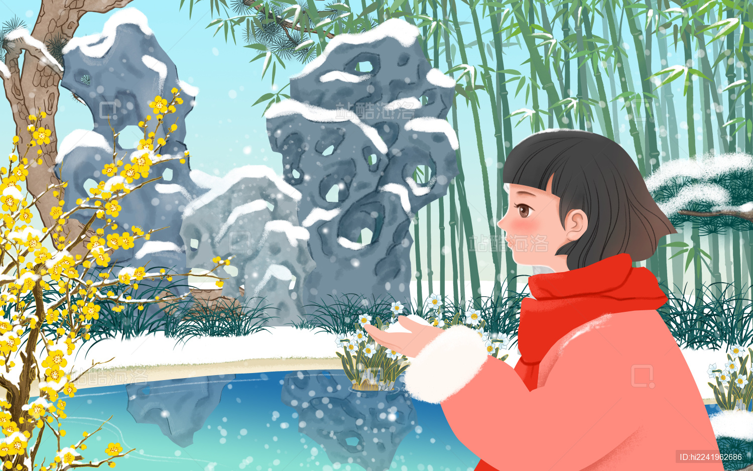 女孩在冬天的园林公园 扁平插画